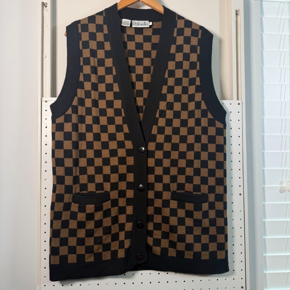 Rafaella Vest Womens Checkered Knit Button V-Neck Sweater Medium Lambs Wool VTG